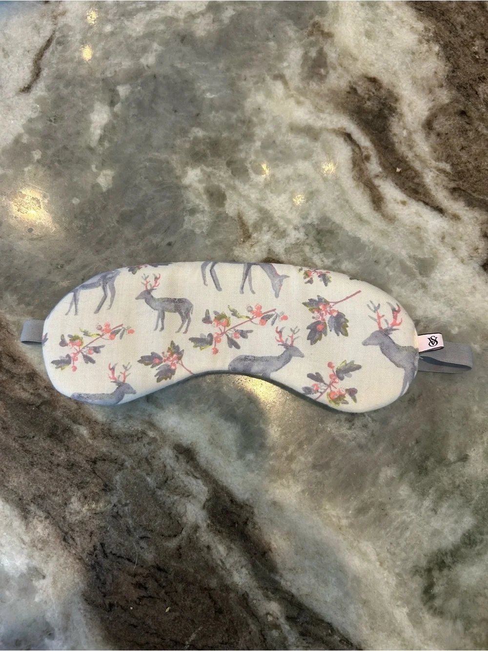 EUC Victoria's Secret White Sleep Mask with Gray Deer and Pink Floral Accents